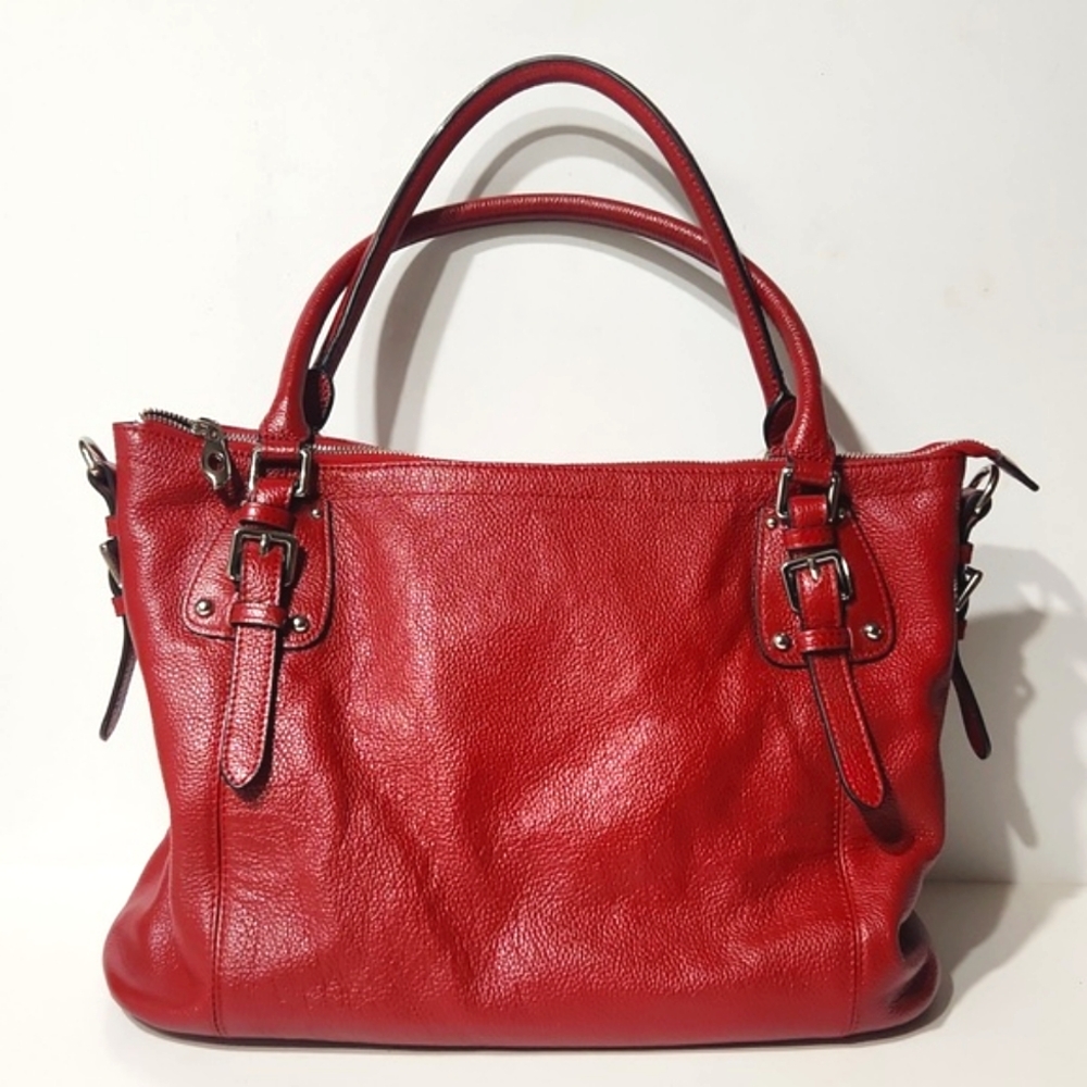 SZone Genuine Pebbled Leather Red Satchel Tote Bag Large EUC!